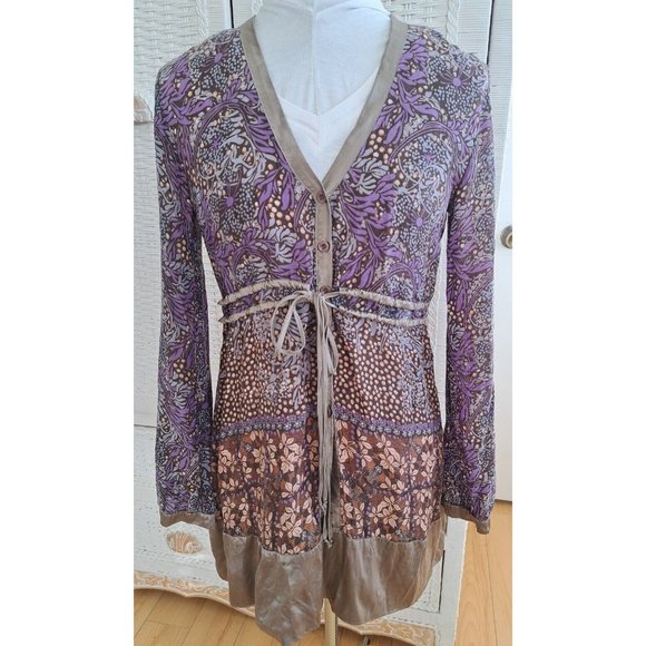 Magic Mystery Boho Bell Sleeve Tunic Top Multi Print Taupe/ Purple Sz S - Picture 2 of 9